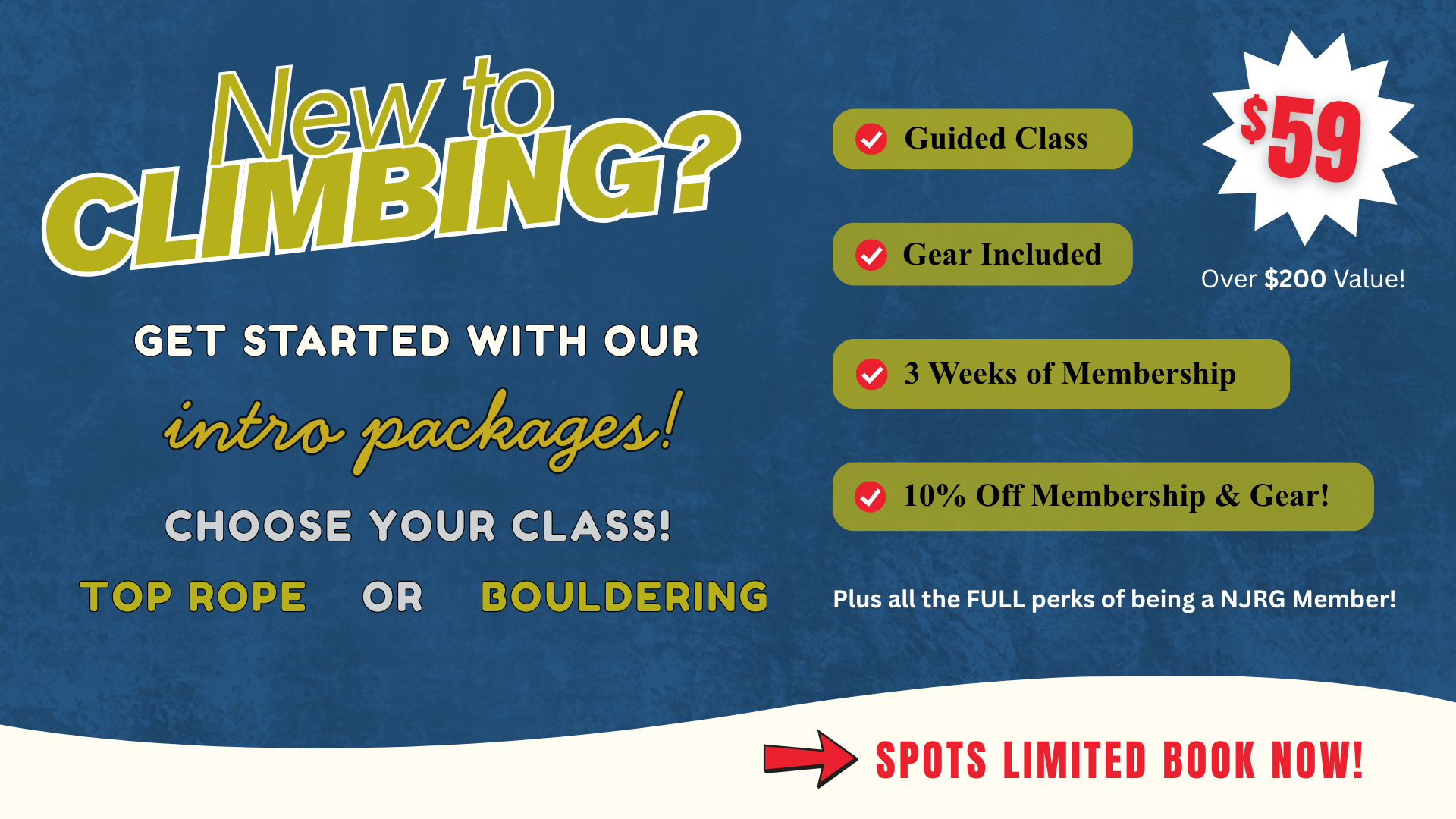 Intro to Climbing class promotion with membership offer